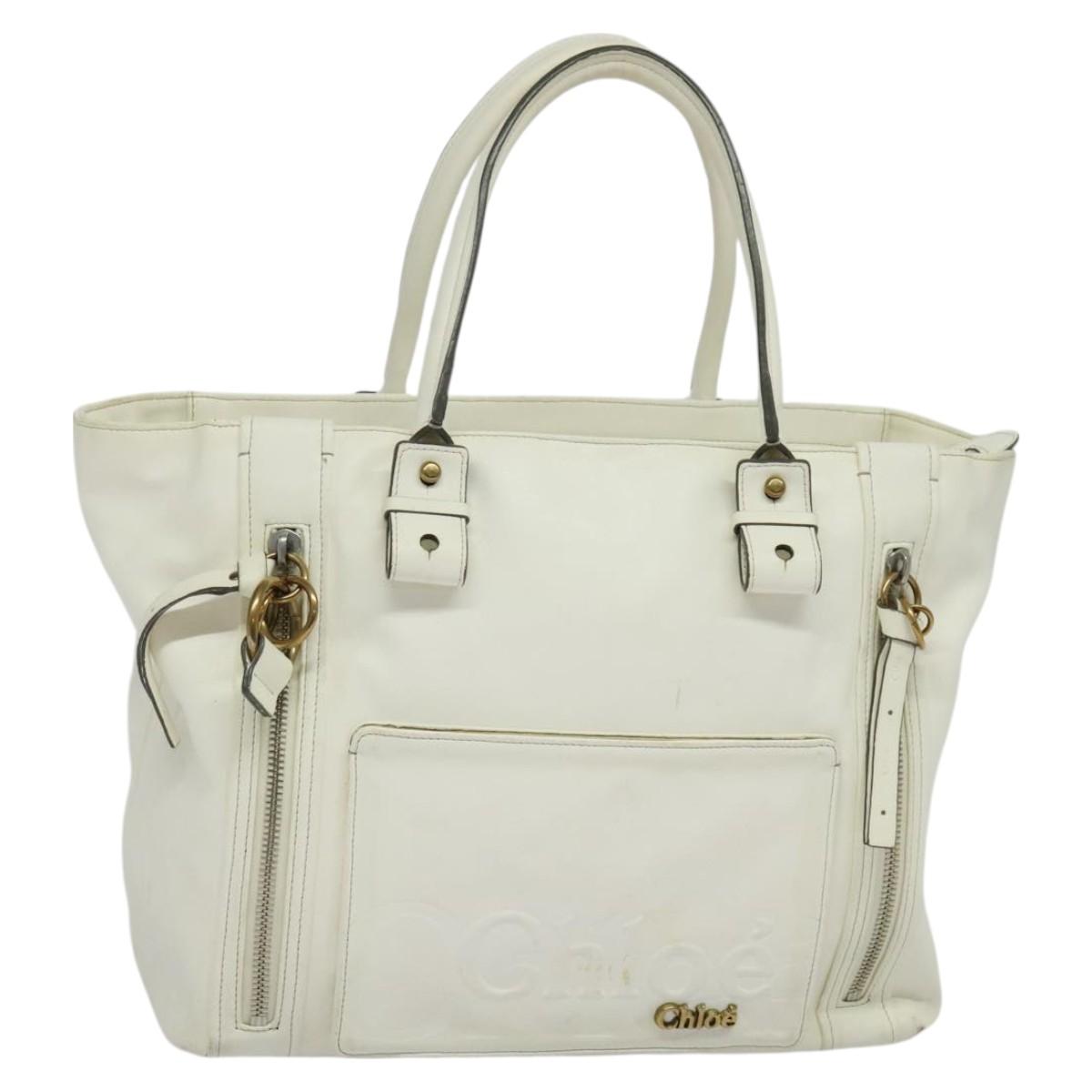 Chloe Eclipse Tote Bag Leather White Gold Auth bs27211