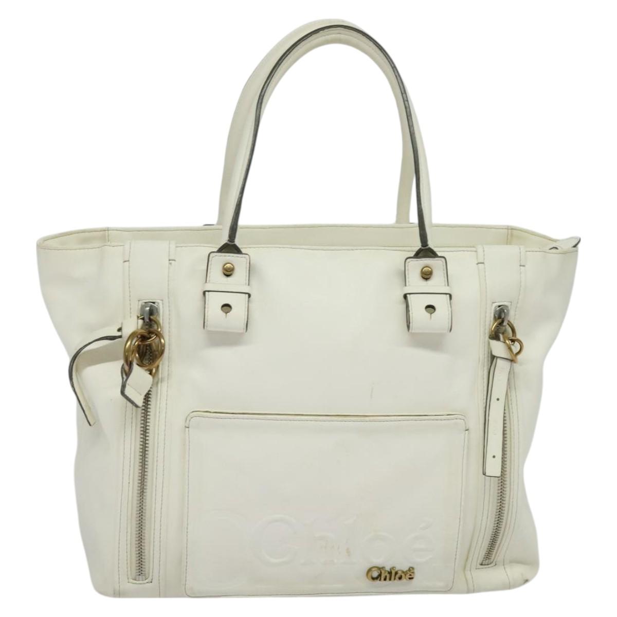 Chloe Eclipse Tote Bag Leather White Gold Auth bs27211