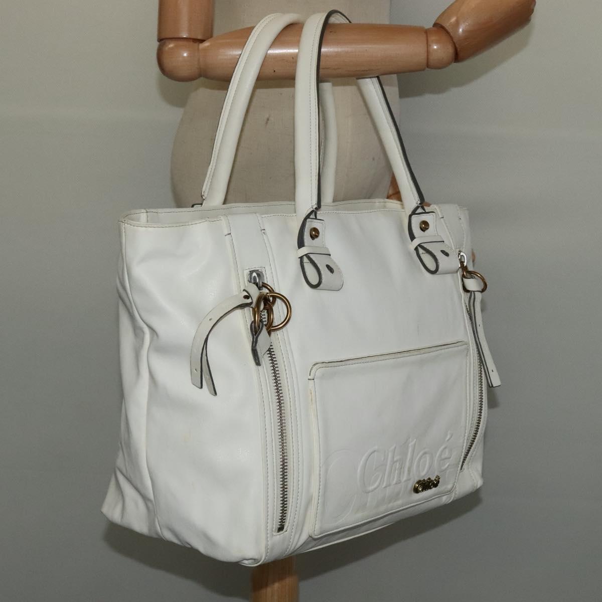 Chloe Eclipse Tote Bag Leather White Gold Auth bs27211