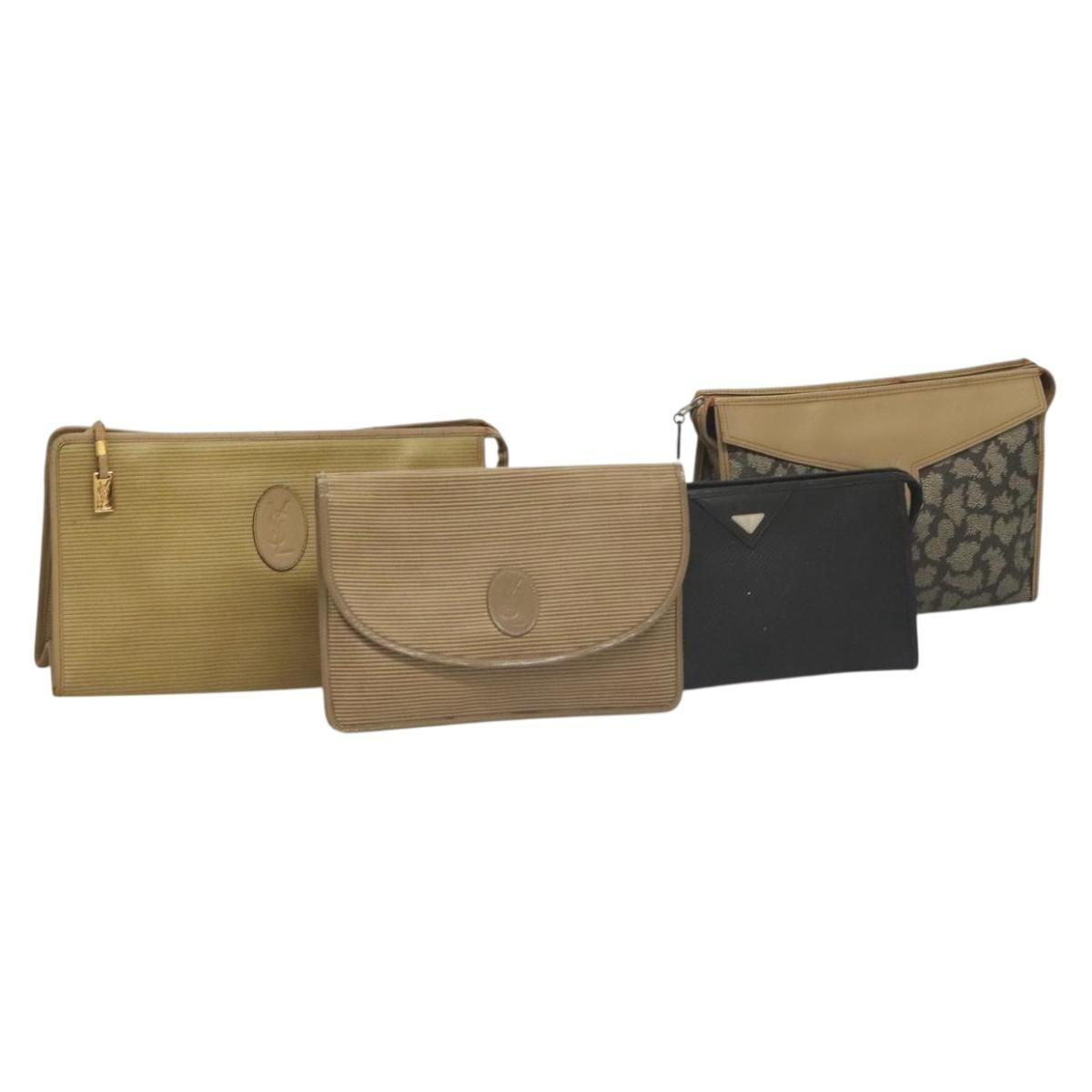 SAINT LAURENT Clutch Bag Leather PVC 4Set Black Gray beige Auth bs27239