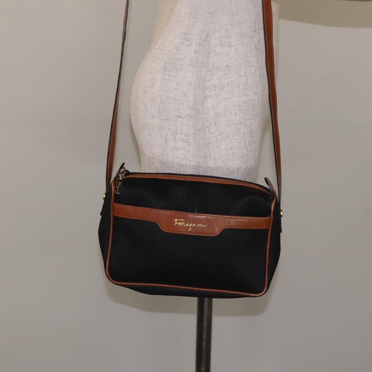 Salvatore Ferragamo Shoulder Bag Leather PVC Black Gold Auth bs27289
