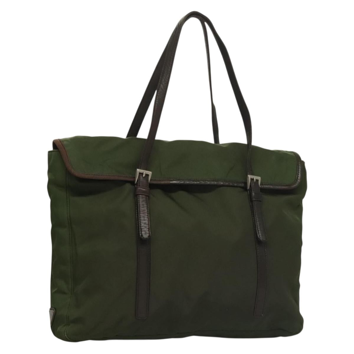 PRADA Tote Bag Nylon Khaki Silver Auth bs27300