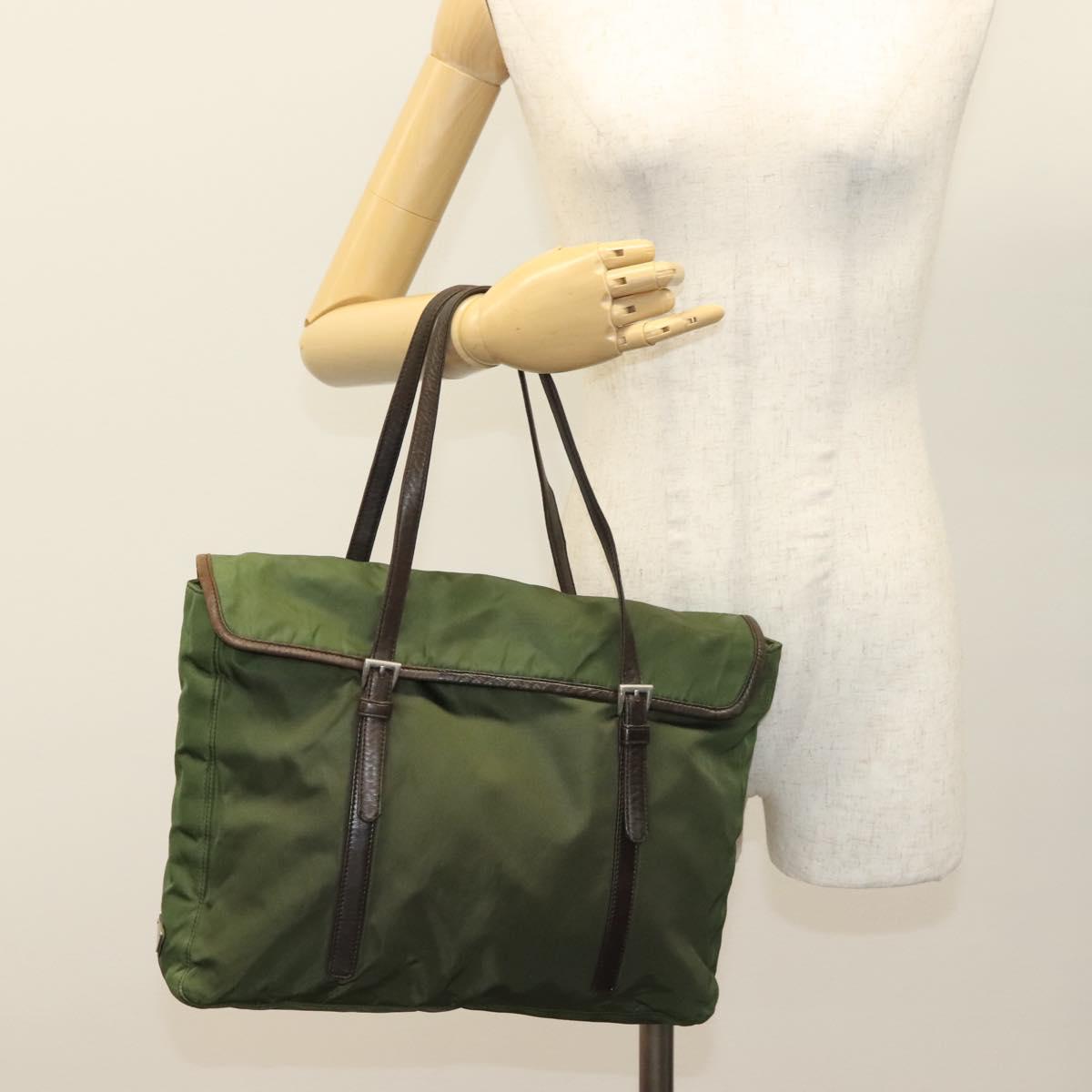 PRADA Tote Bag Nylon Khaki Silver Auth bs27300