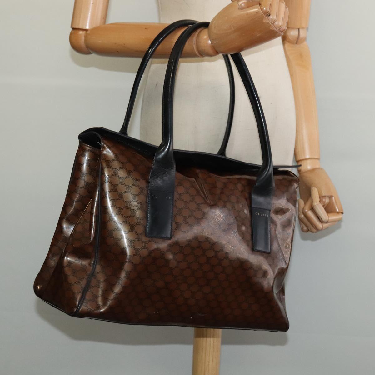 CELINE Macadam Canvas Hand Bag Enamel Brown Gold Auth bs27304