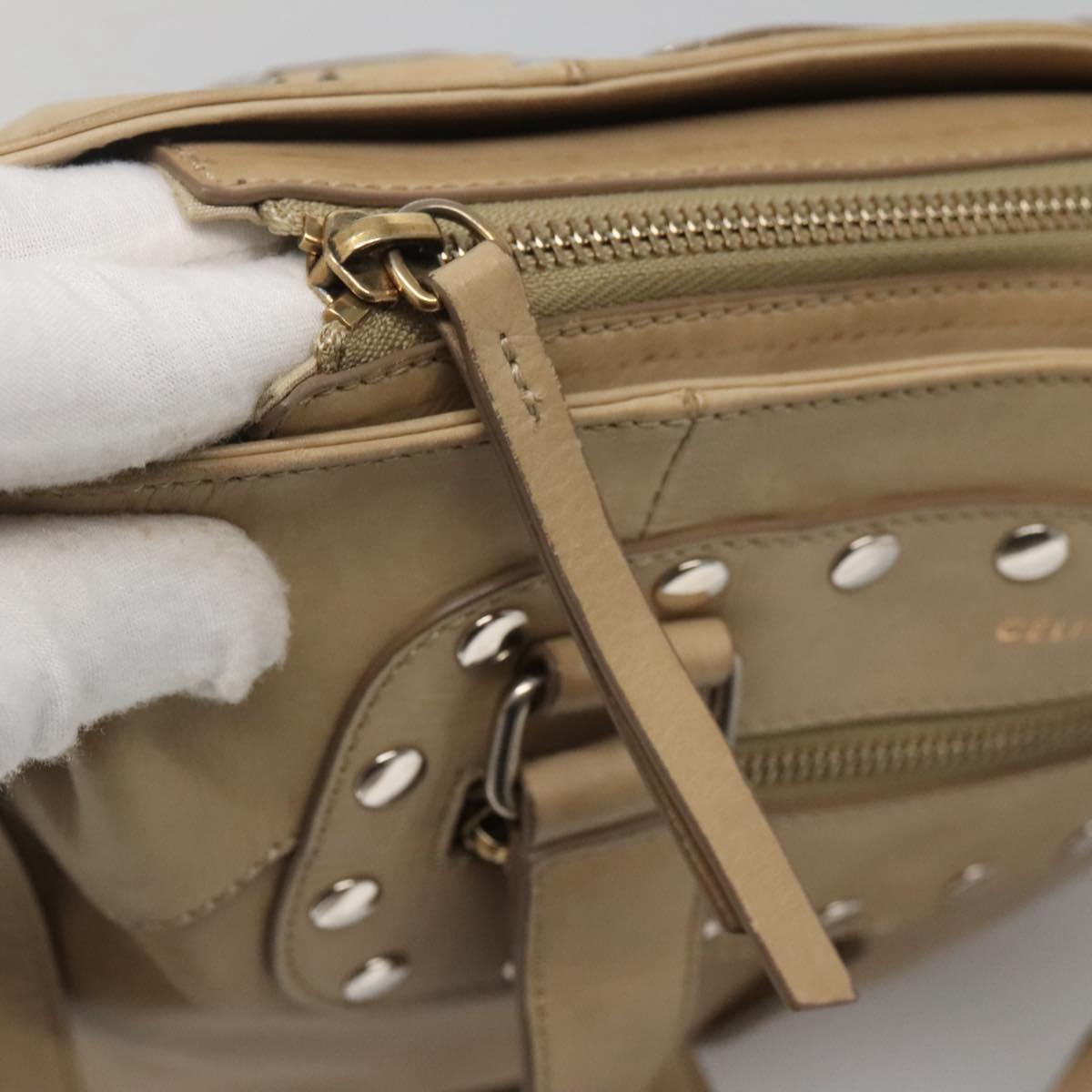 CELINE Hand Bag Leather 2way Beige Silver Auth bs27306