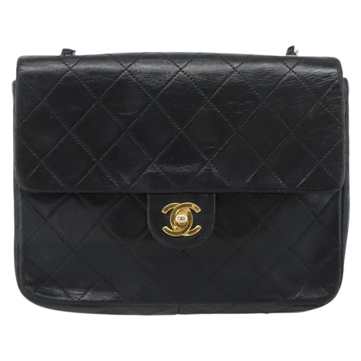 CHANEL Mini Matelasse 20 Chain Shoulder Bag Lamb Skin Black Gold CC Auth bs27341