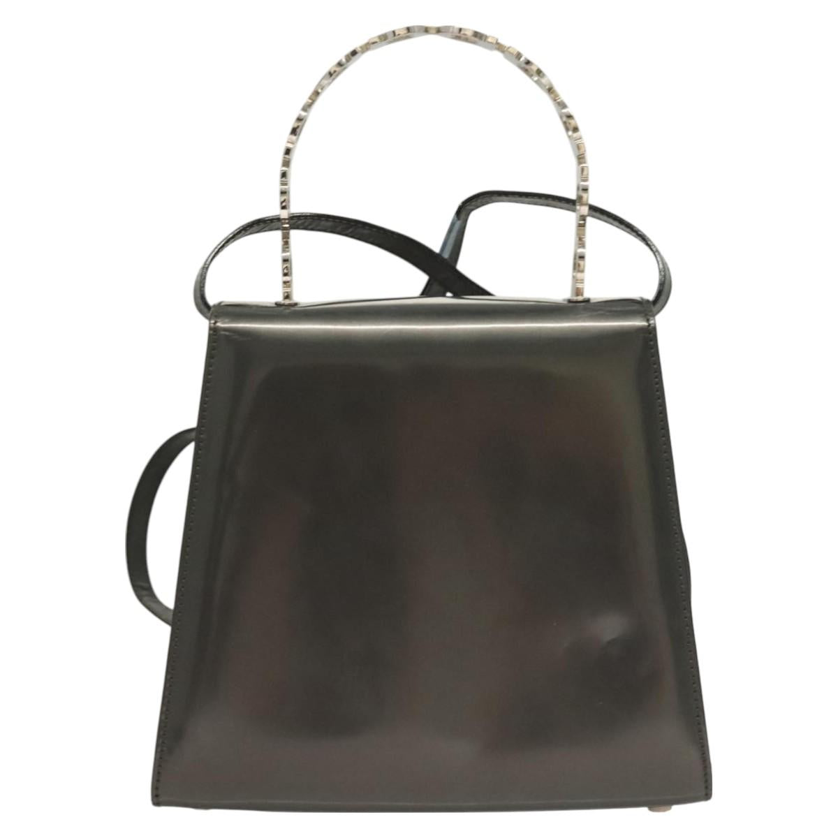 Salvatore Ferragamo Gancini Hand Bag Enamel 2way Gray Silver Auth bs27352
