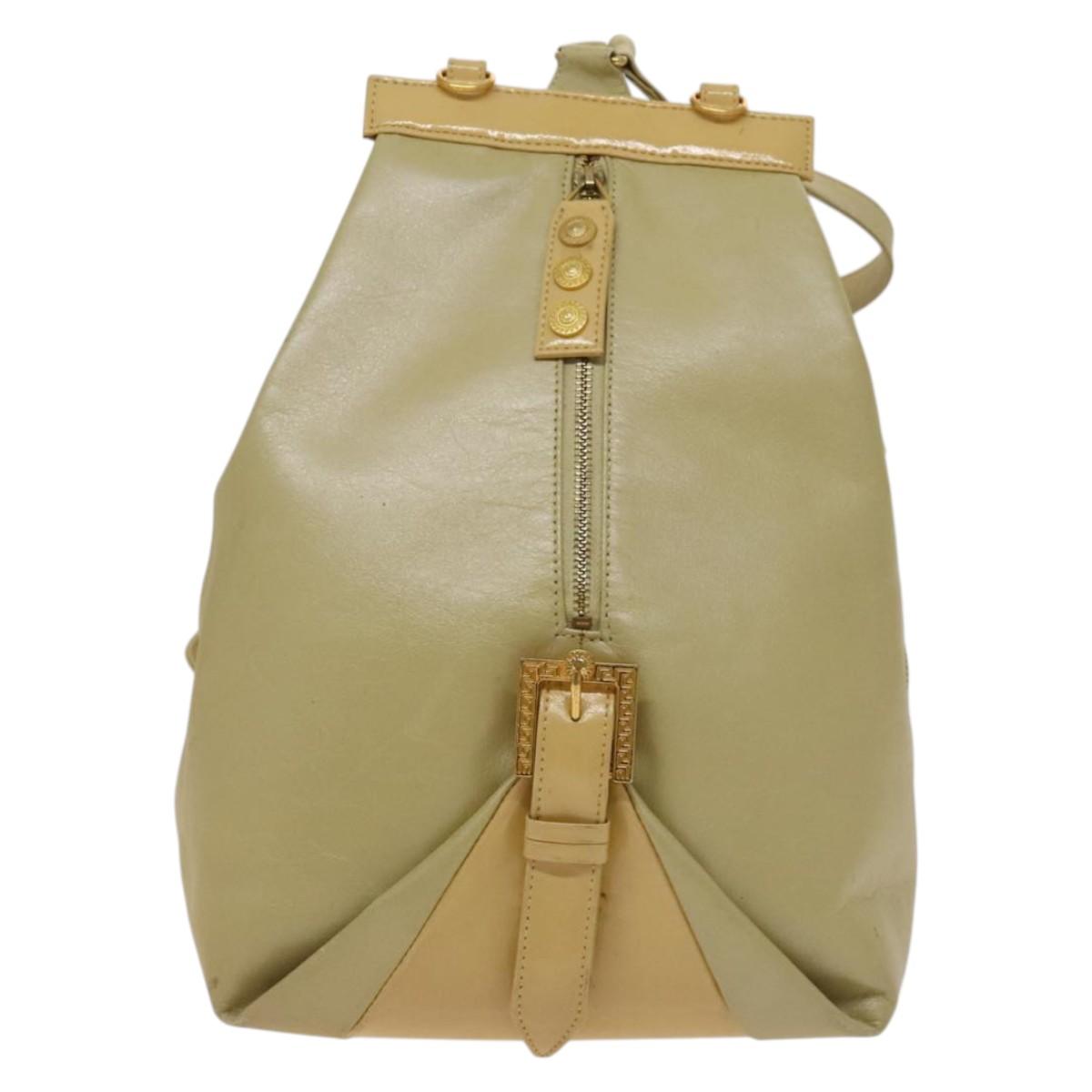 VERSACE Backpack Leather Beige Gold Auth bs27362