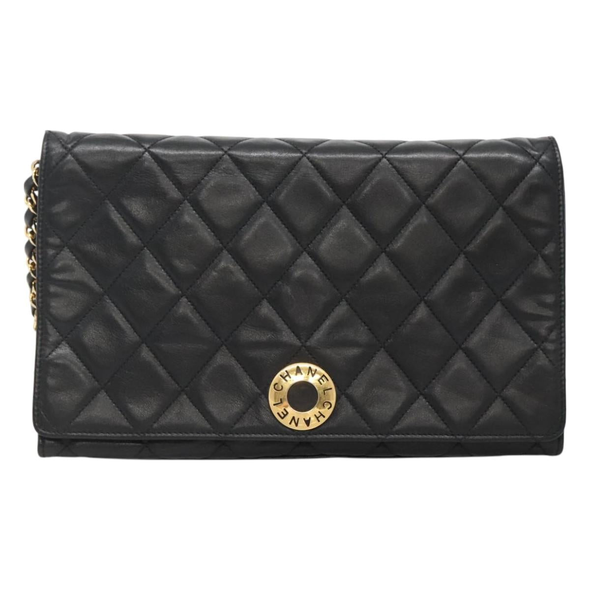 CHANEL Matelasse Chain Shoulder Bag Lamb Skin Black Gold CC Auth bs27414