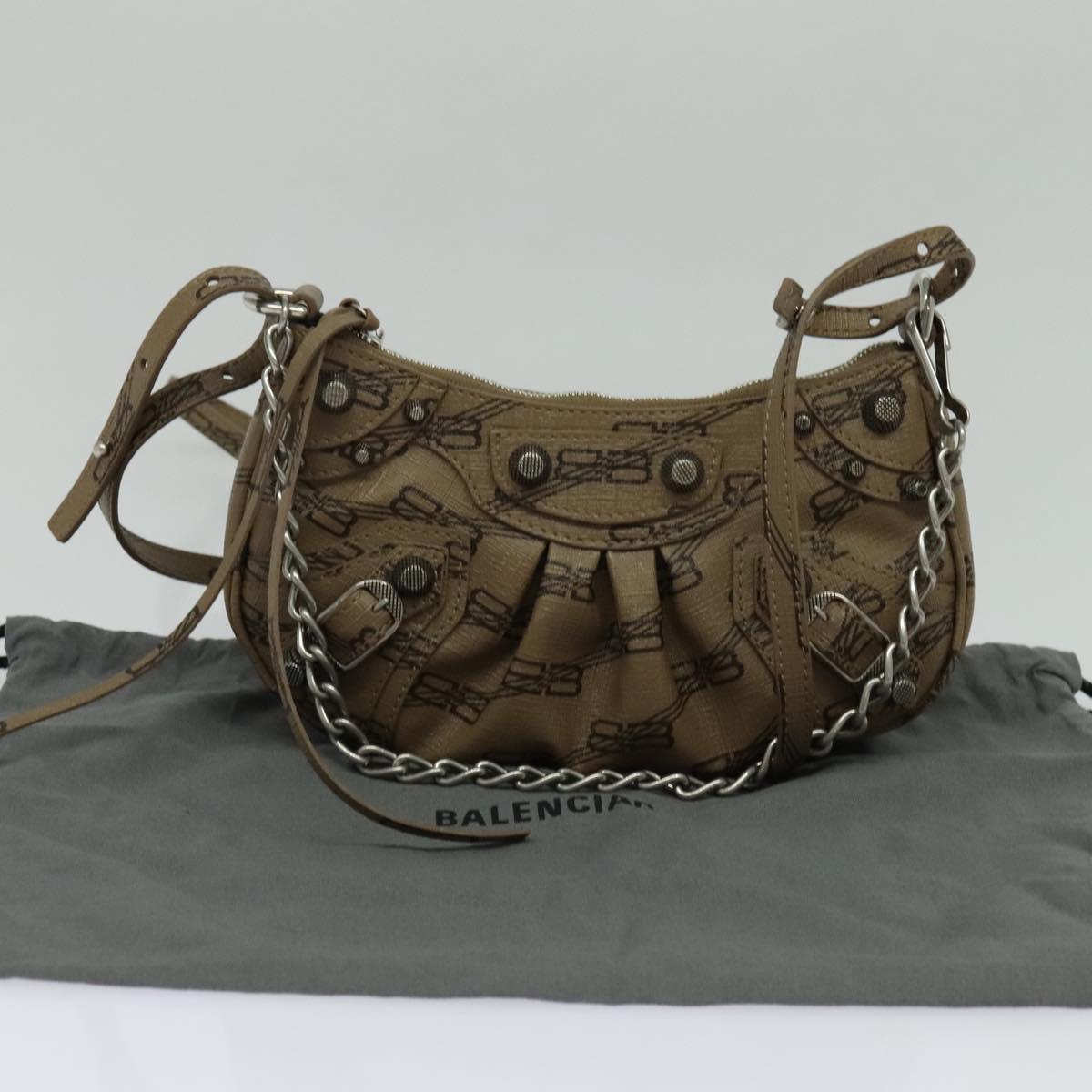 BALENCIAGA Chain Le Cagoule Mini Shoulder Bag Leather Beige Silver Auth bs27430