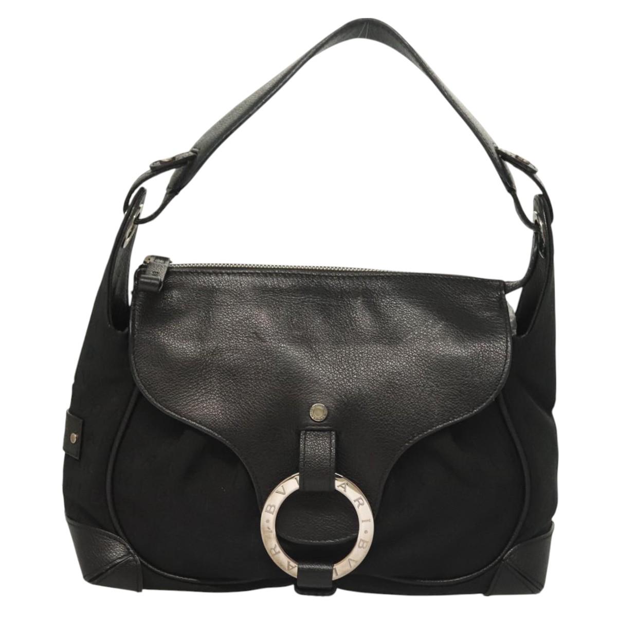 BVLGARI Logo Mania Shoulder Bag Leather Canvas Black Silver Auth bs27432