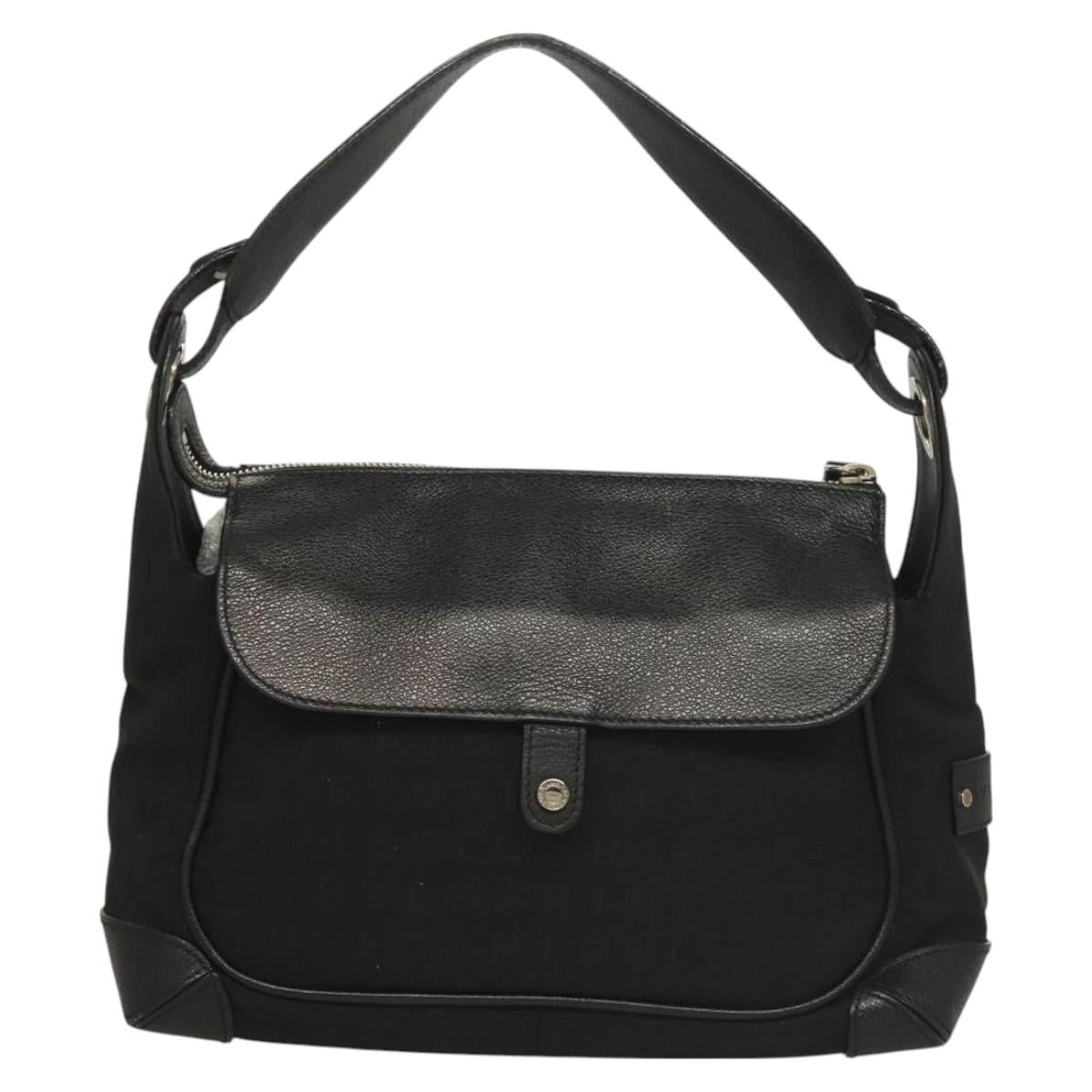 BVLGARI Logo Mania Shoulder Bag Leather Canvas Black Silver Auth bs27432