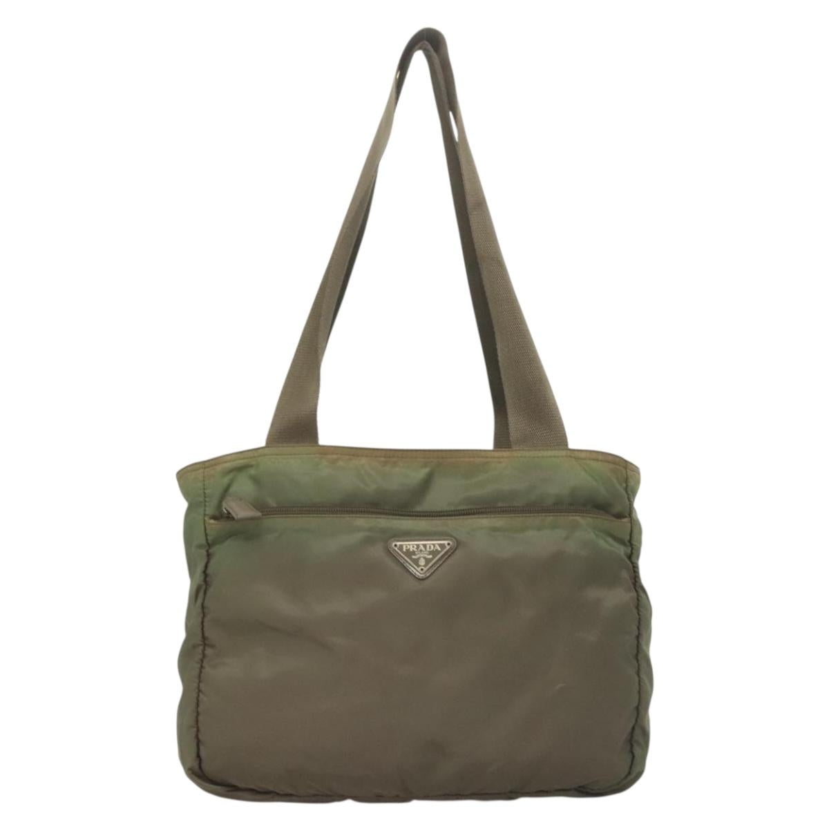PRADA Tote Bag Nylon Khaki Silver Auth bs27455