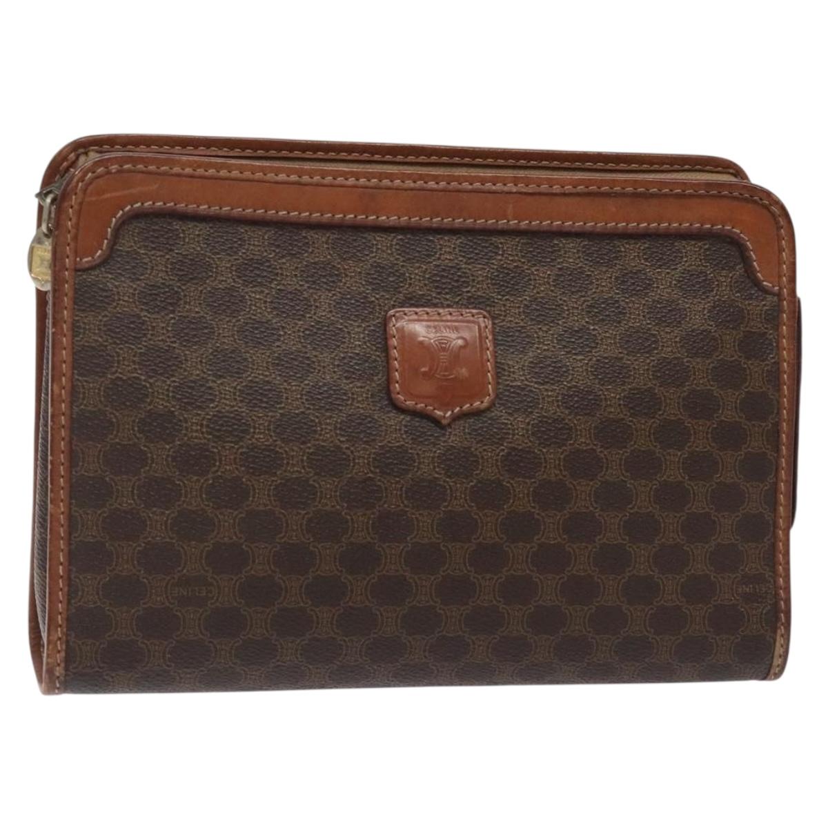 CELINE Macadam Canvas Clutch Bag PVC Leather Brown Gold Auth bs27482
