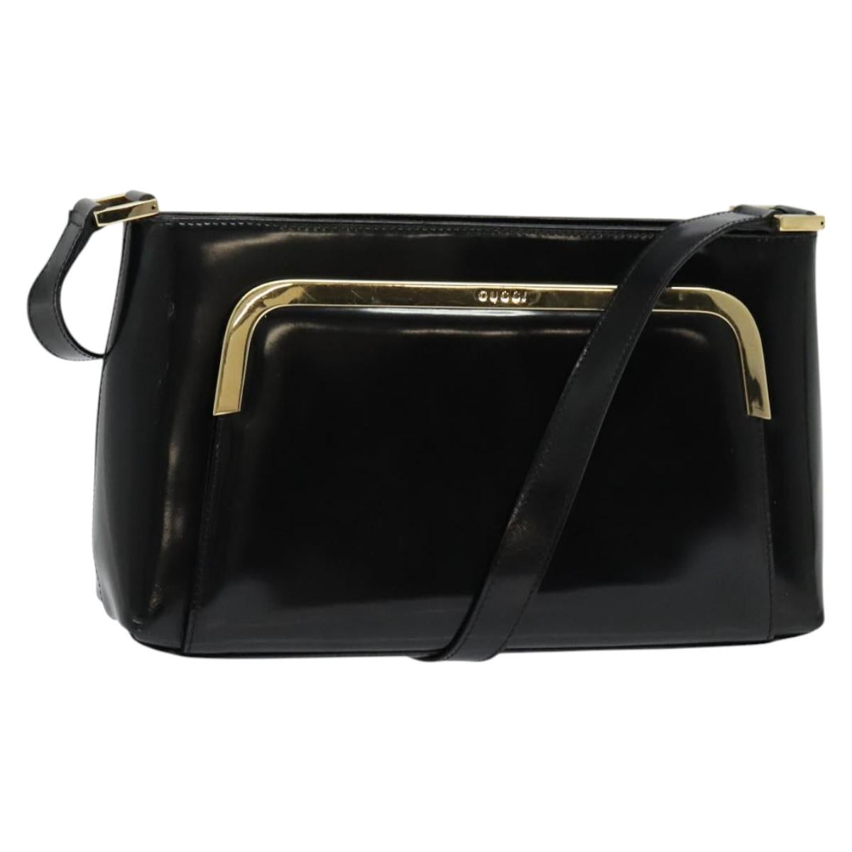 GUCCI Shoulder Bag Enamel Black Gold Auth bs27509