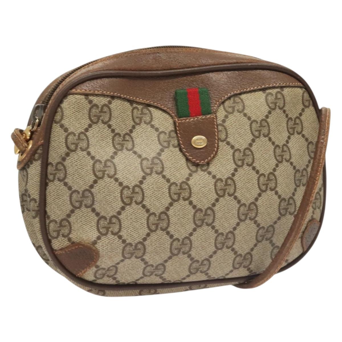 GUCCI GG Supreme Web Sherry Line Bag PVC Beige Gold 156 02 066 Auth bs27546