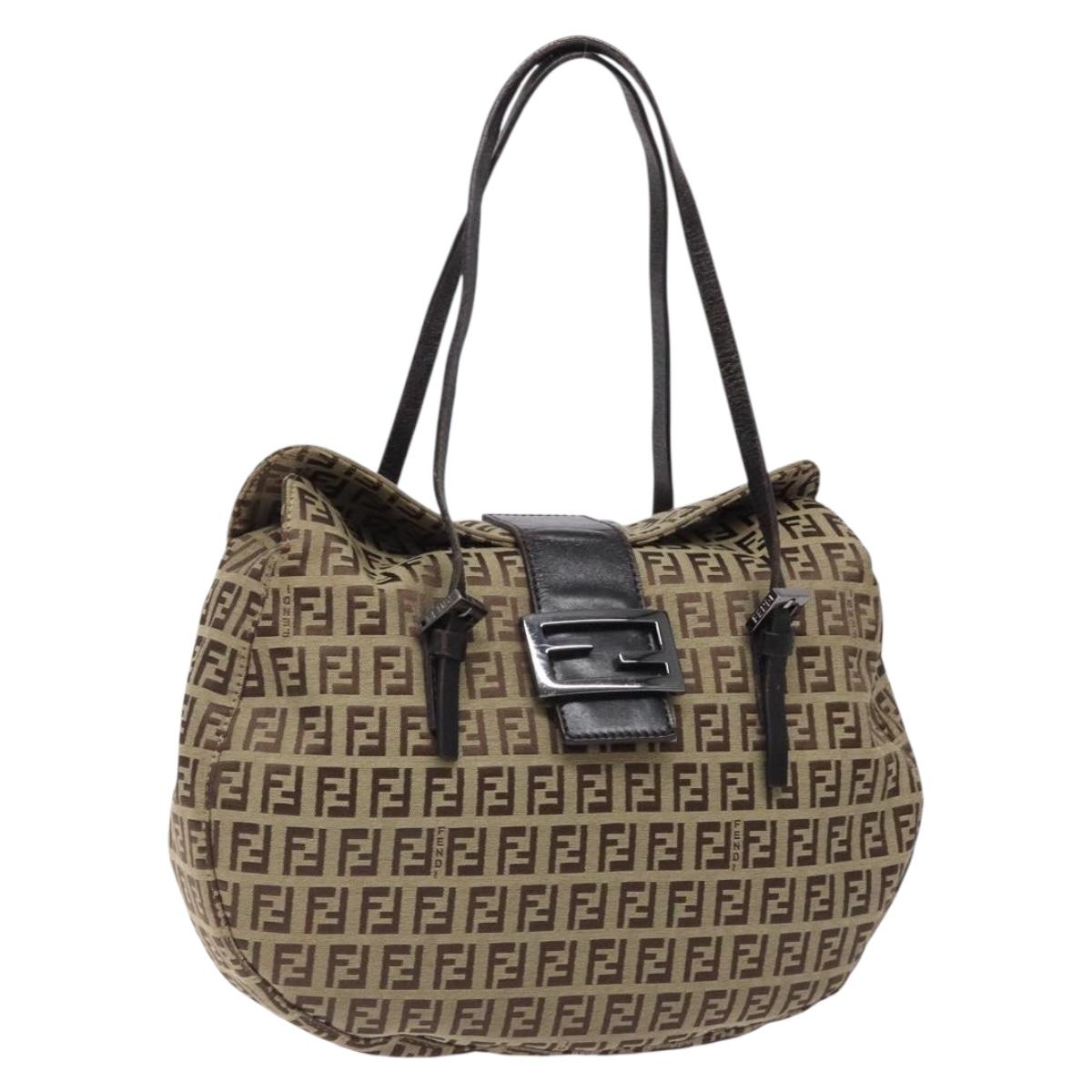FENDI Zucchino Canvas Mamma Baguette Shoulder Bag Beige Silver Auth bs27591