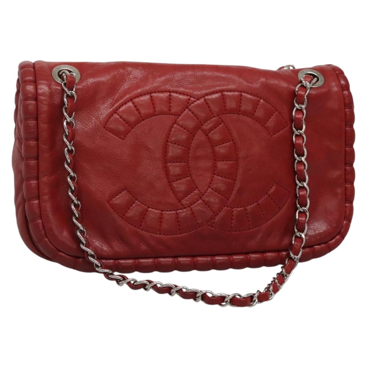 CHANEL Chain Shoulder Bag Leather Red Silver CC Auth bs27630