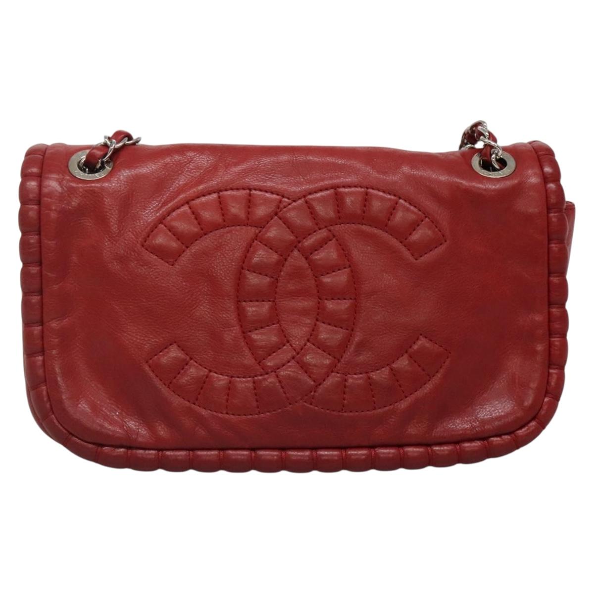 CHANEL Chain Shoulder Bag Leather Red Silver CC Auth bs27630