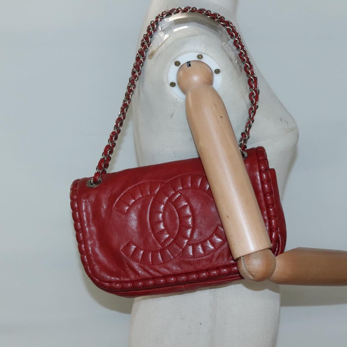 CHANEL Chain Shoulder Bag Leather Red Silver CC Auth bs27630