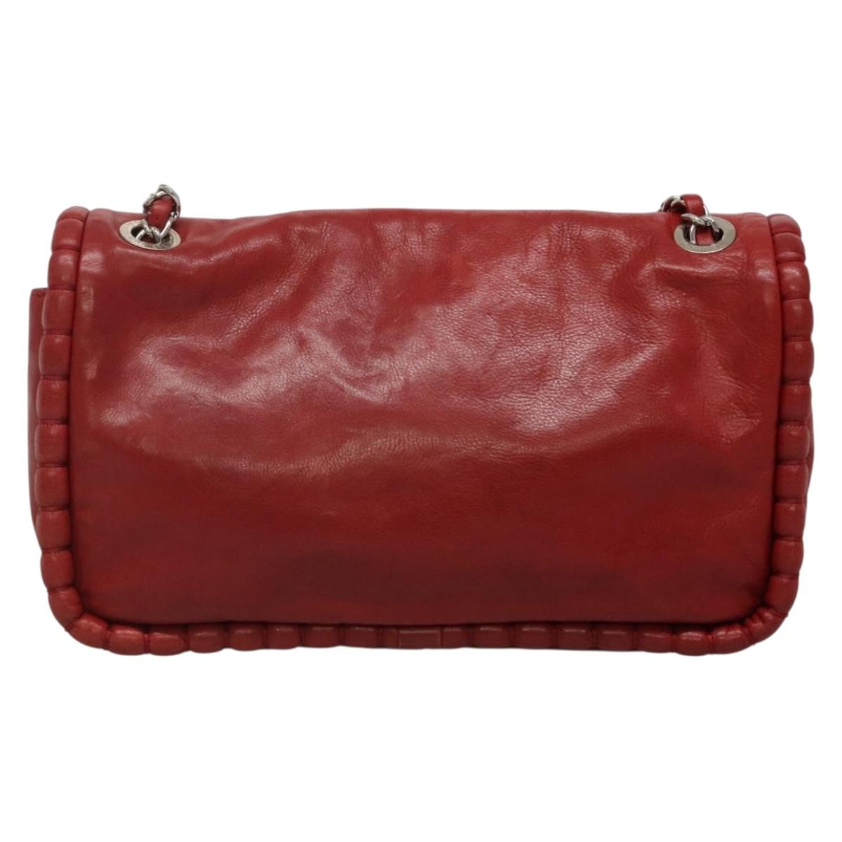 CHANEL Chain Shoulder Bag Leather Red Silver CC Auth bs27630