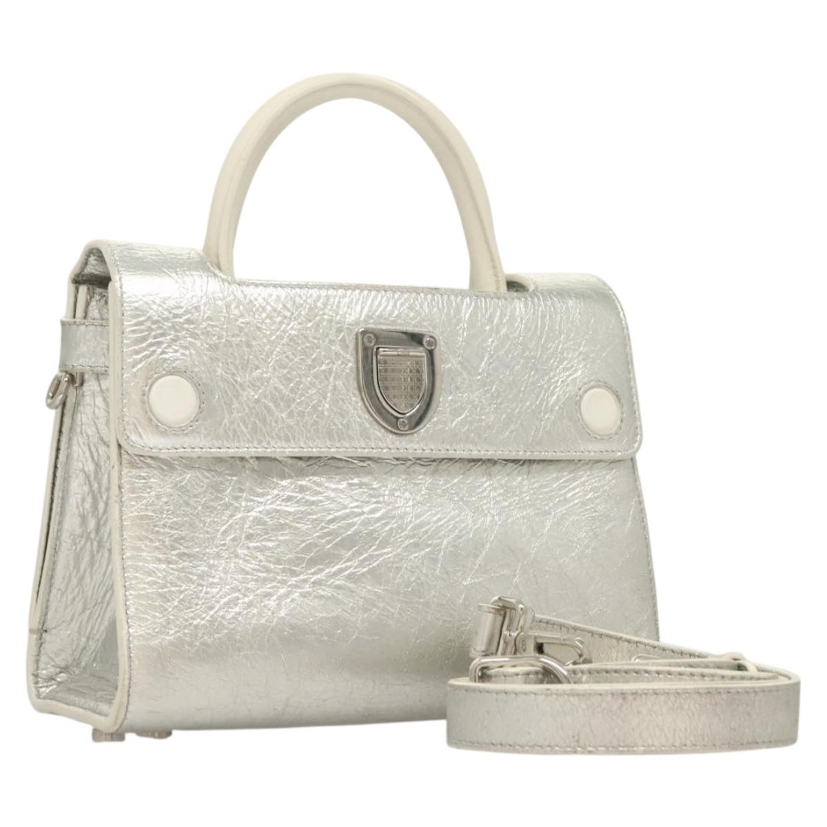 Christian Dior Ever Mini Hand Bag Leather 2way Silver Auth bs27633