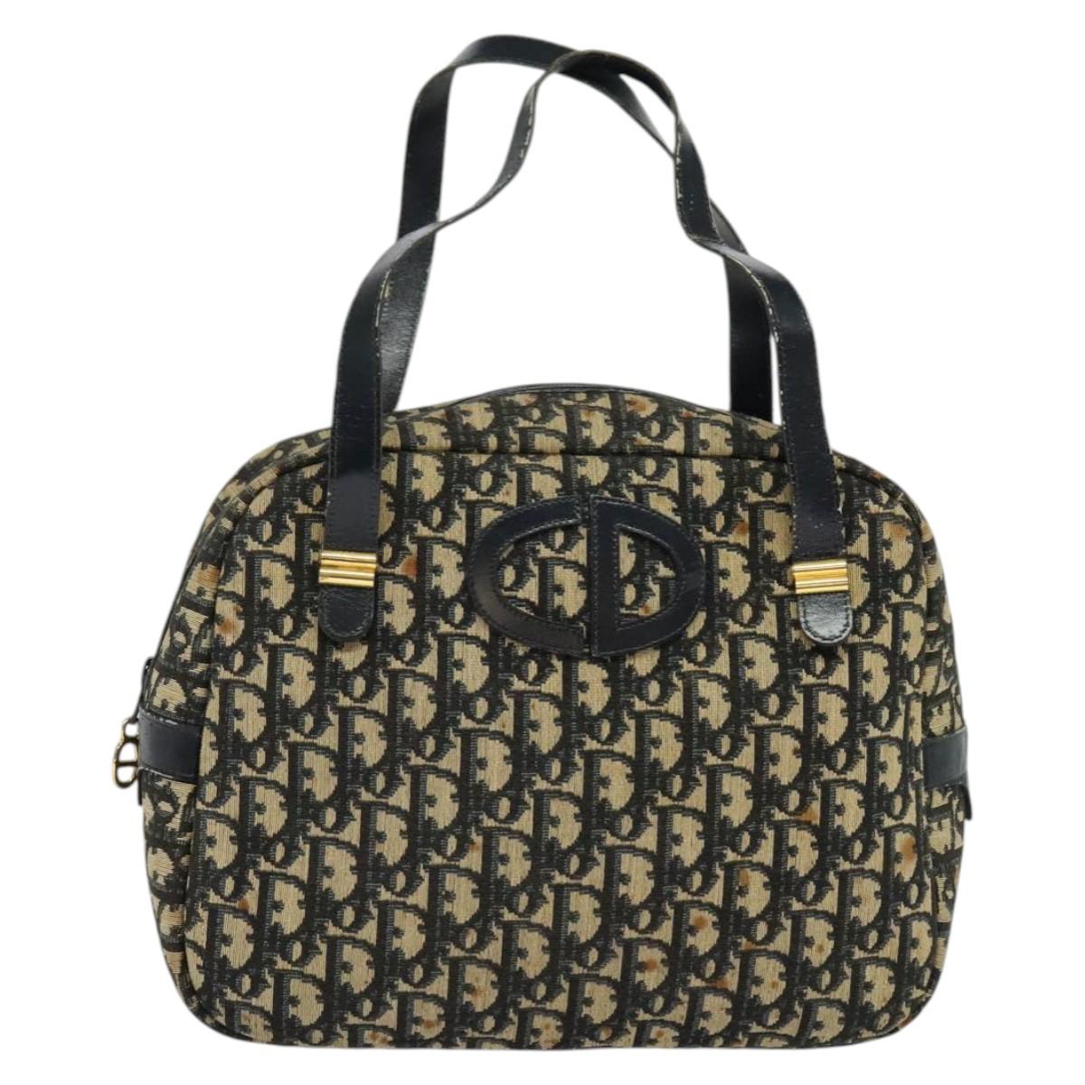 Christian Dior Trotter Canvas Hand Bag Navy Gold Auth bs27680
