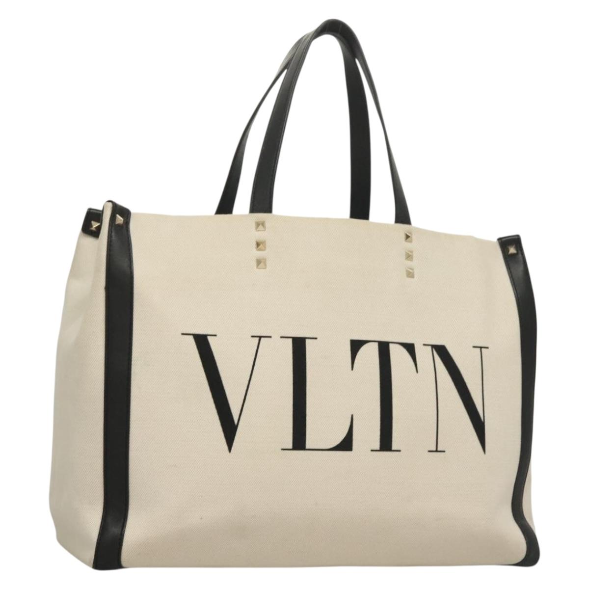 VALENTINO Rock Studs Tote Bag Canvas White Gold Auth bs27704