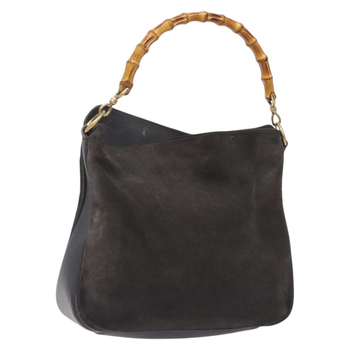 GUCCI Bamboo Hand Bag Suede Leather Gray Gold 001 1705 1638 Auth bs27790