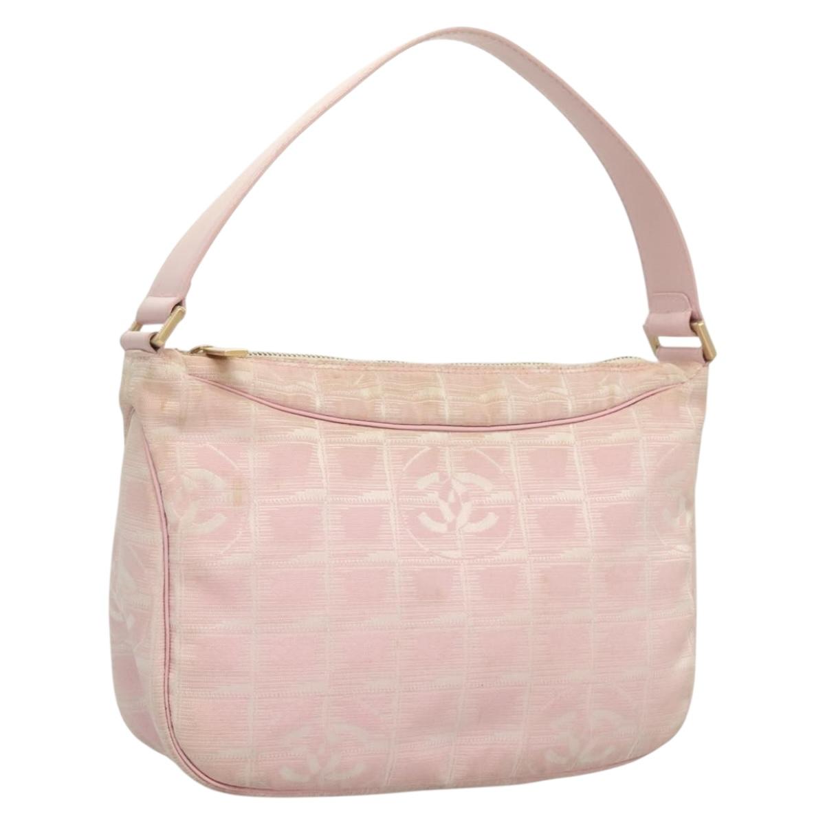 CHANEL New Travel Line Hand Bag Nylon Pink Silver CC Auth bs27798