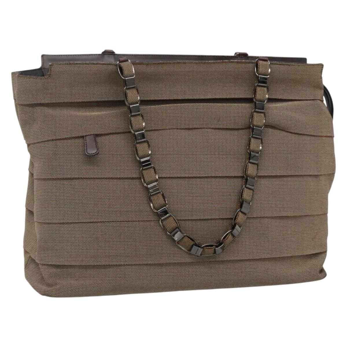 Salvatore Ferragamo Chain Shoulder Bag Canvas Leather Brown Silver Auth bs27823
