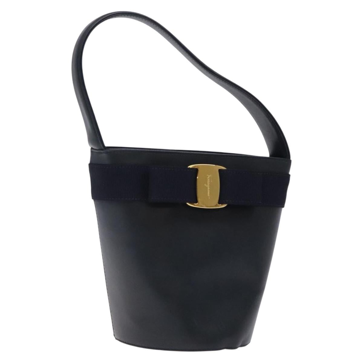 Salvatore Ferragamo Vala Hand Bag Leather Navy Gold Auth bs27825