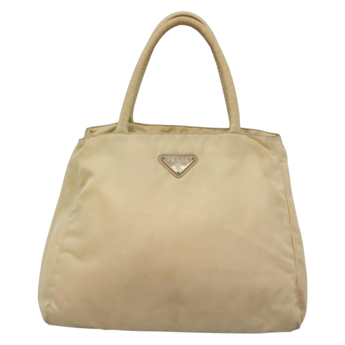 PRADA Tote Bag Nylon Beige Silver Auth bs27837