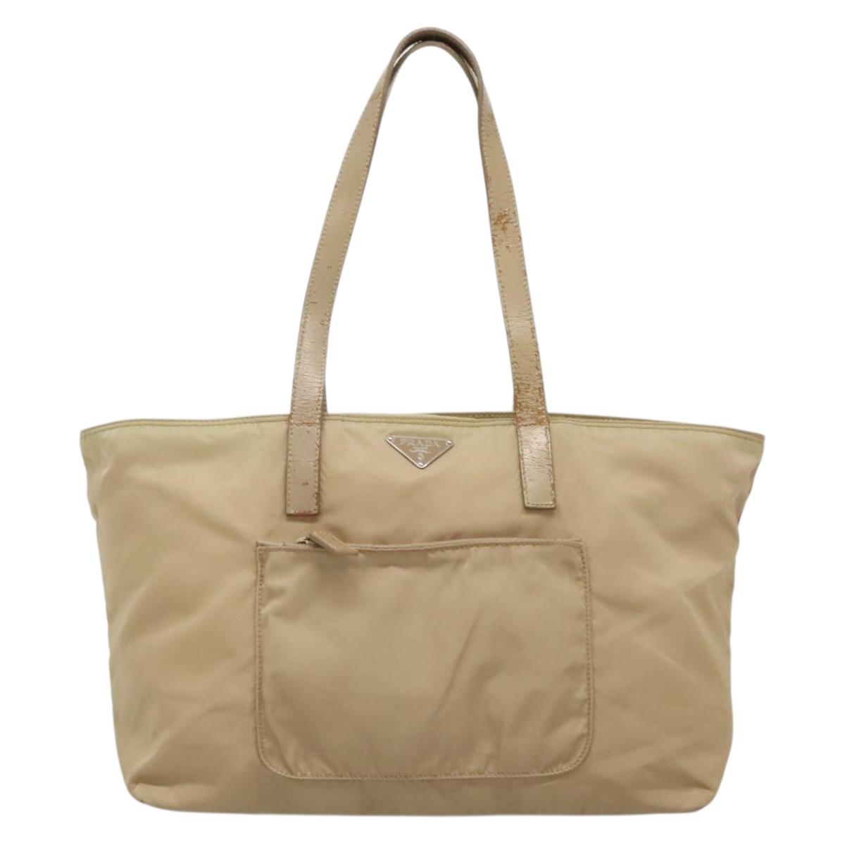 PRADA Tote Bag Nylon Beige Silver Auth bs27839