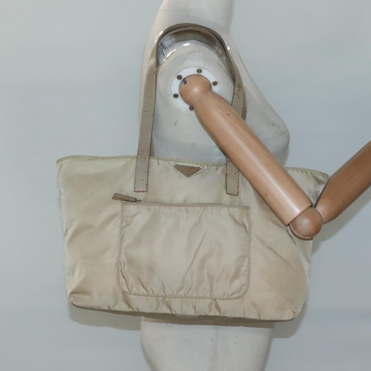 PRADA Tote Bag Nylon Beige Silver Auth bs27839