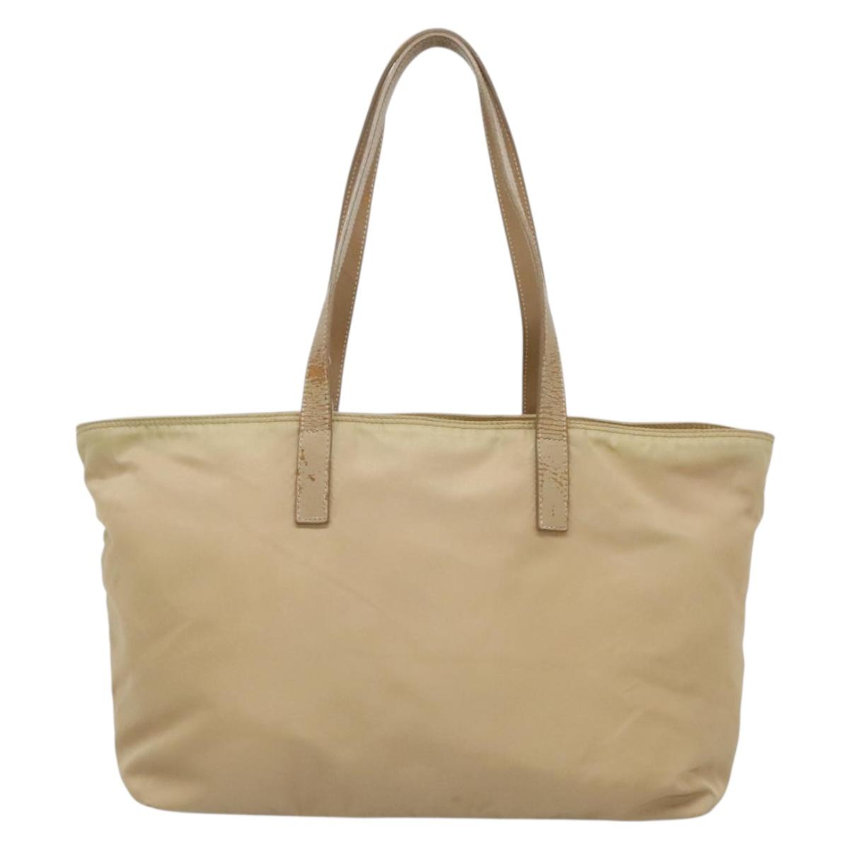 PRADA Tote Bag Nylon Beige Silver Auth bs27839
