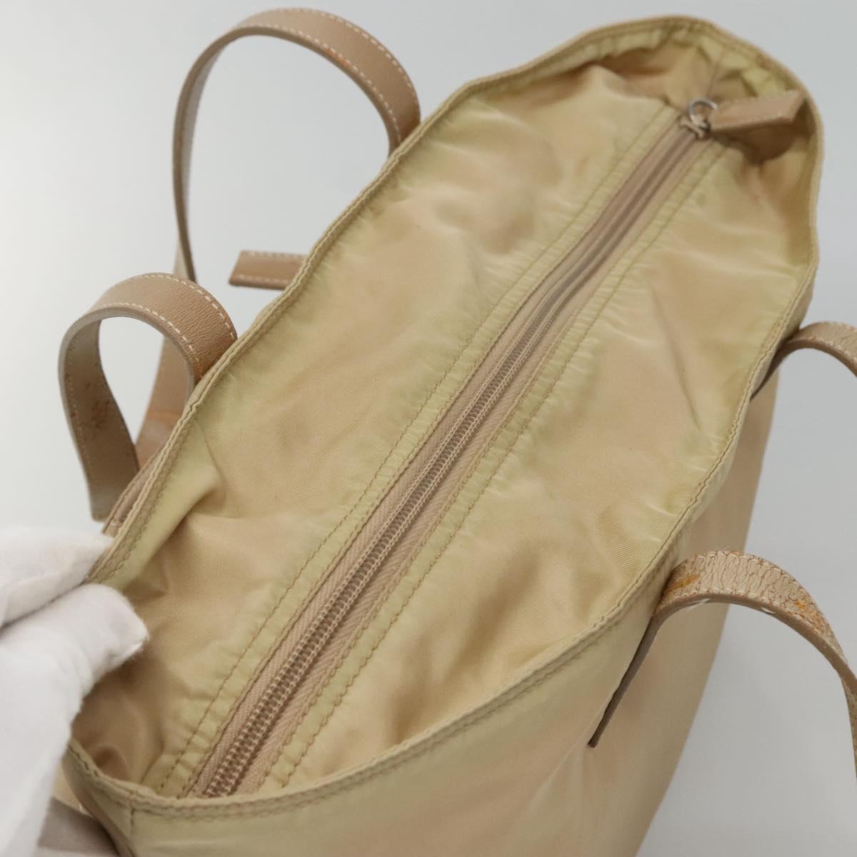 PRADA Tote Bag Nylon Beige Silver Auth bs27839