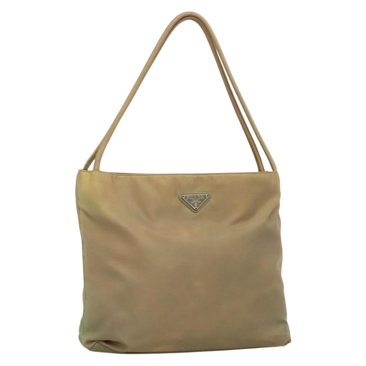 PRADA Tote Bag Nylon Beige Silver Auth bs27846