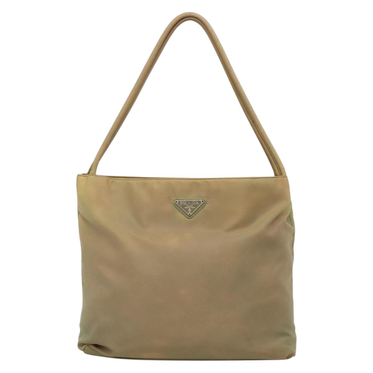 PRADA Tote Bag Nylon Beige Silver Auth bs27846