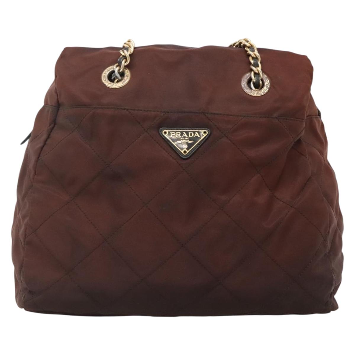PRADA Chain Shoulder Bag Nylon Brown Gold Auth bs27847