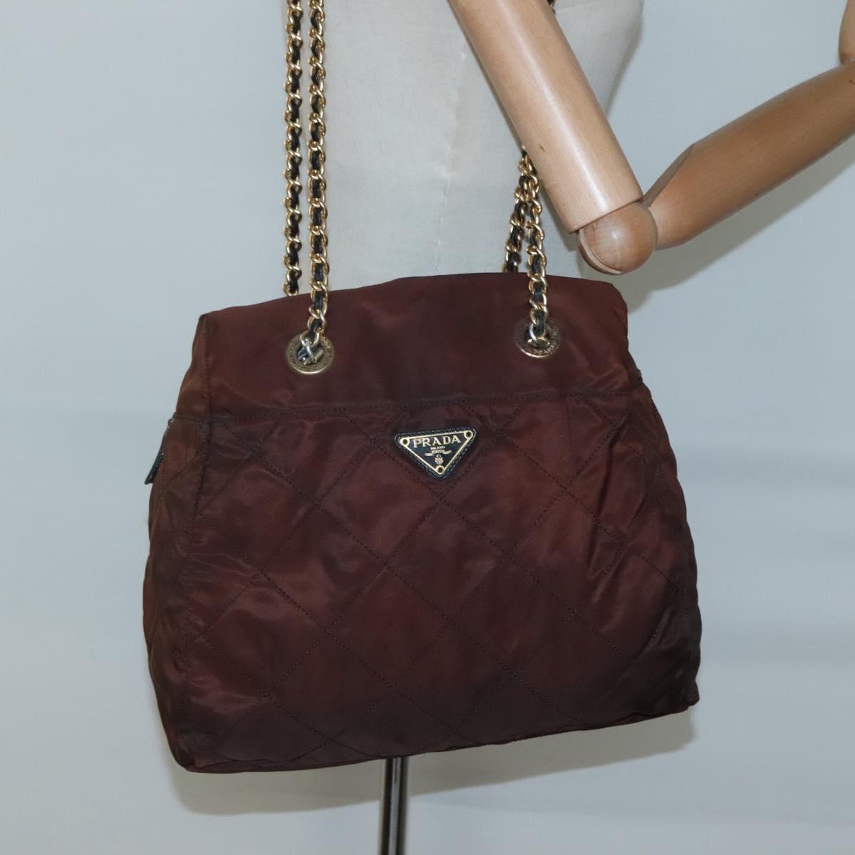 PRADA Chain Shoulder Bag Nylon Brown Gold Auth bs27847