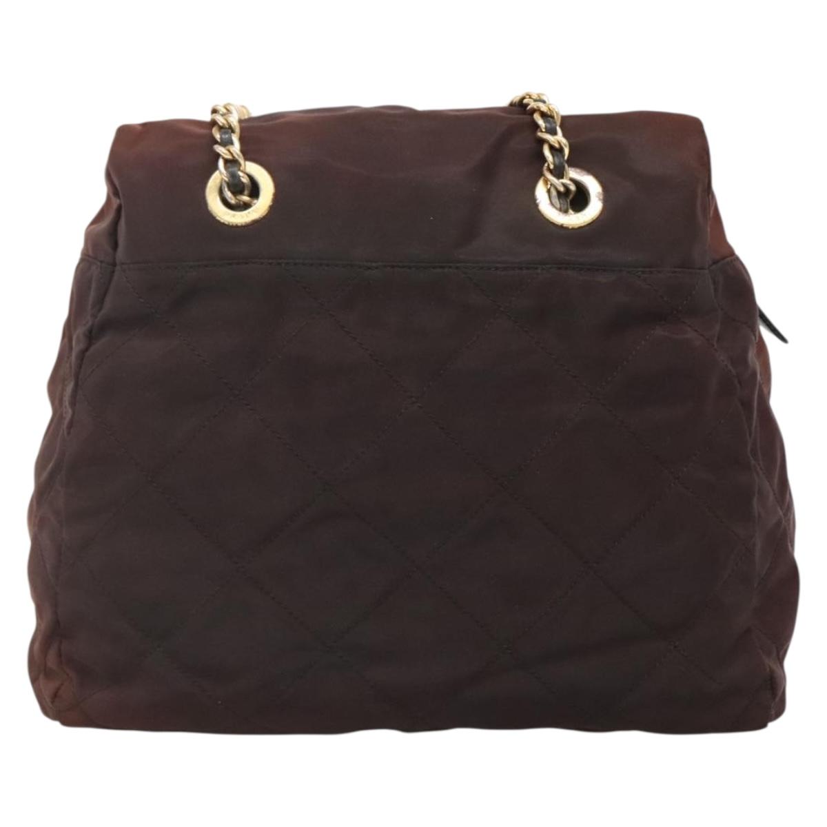 PRADA Chain Shoulder Bag Nylon Brown Gold Auth bs27847