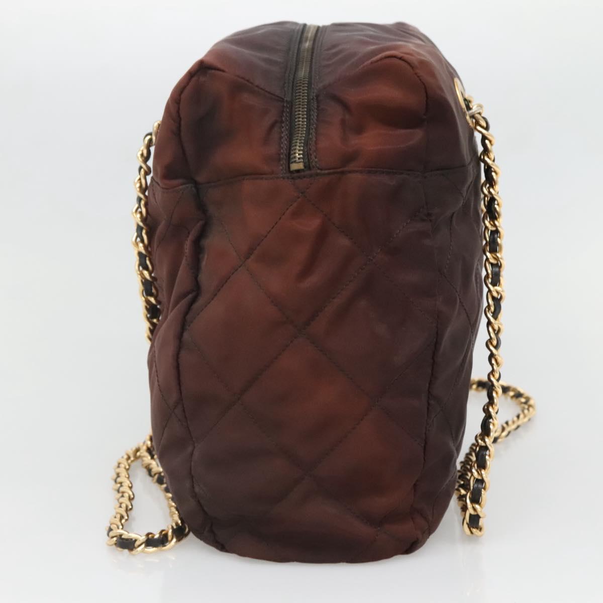 PRADA Chain Shoulder Bag Nylon Brown Gold Auth bs27847