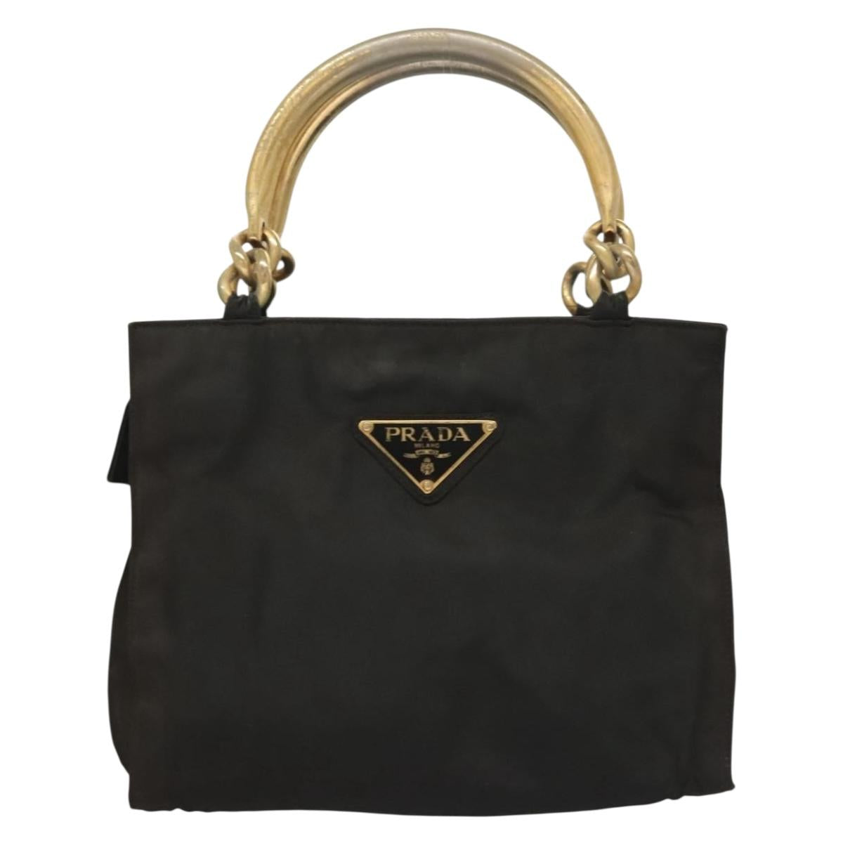 PRADA Hand Bag Nylon Black Gold Auth bs27856