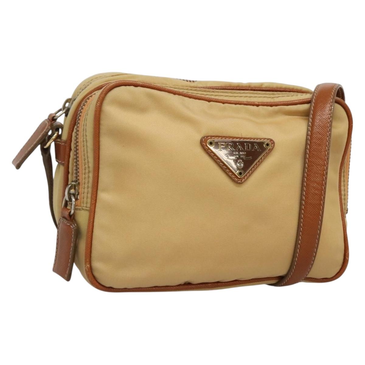 PRADA Shoulder Bag Nylon Beige Gold Auth bs27865