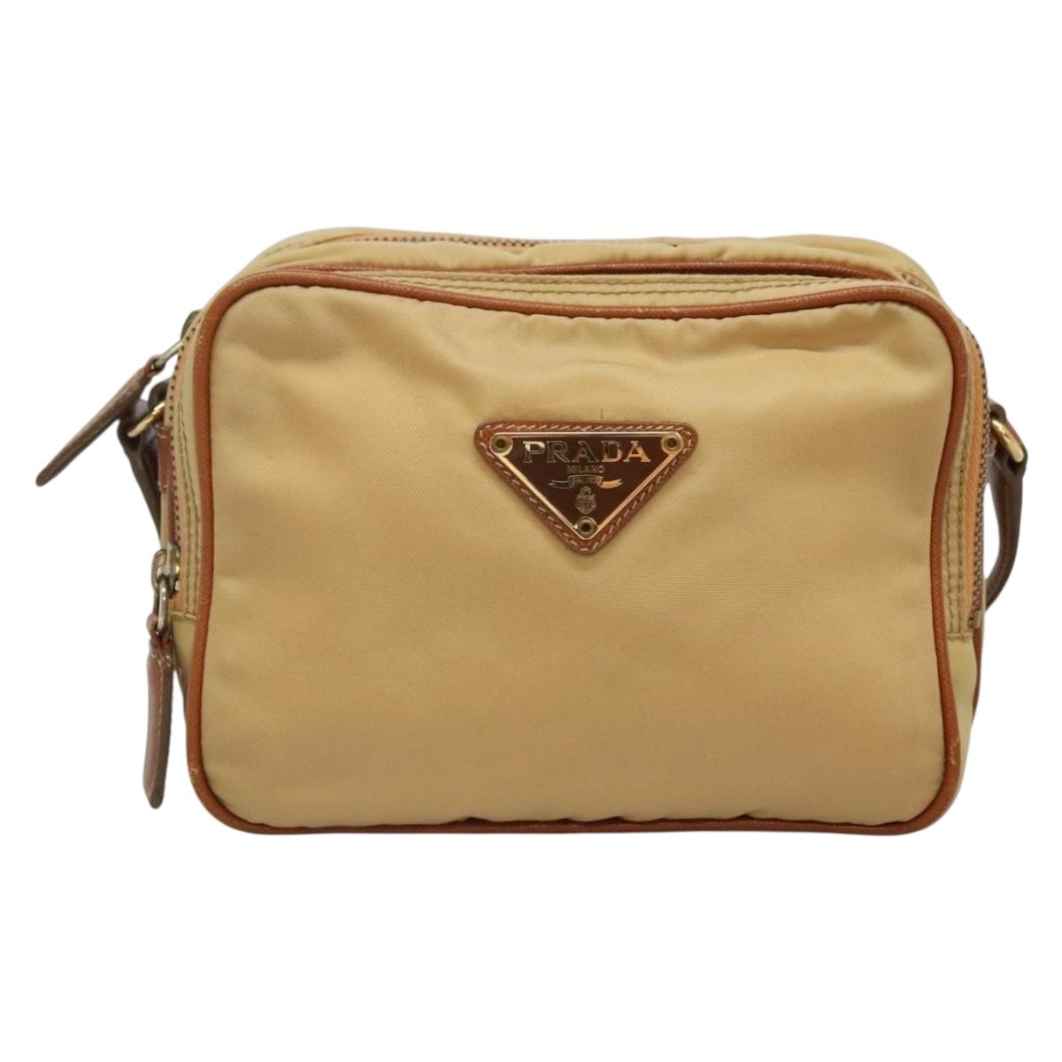PRADA Shoulder Bag Nylon Beige Gold Auth bs27865