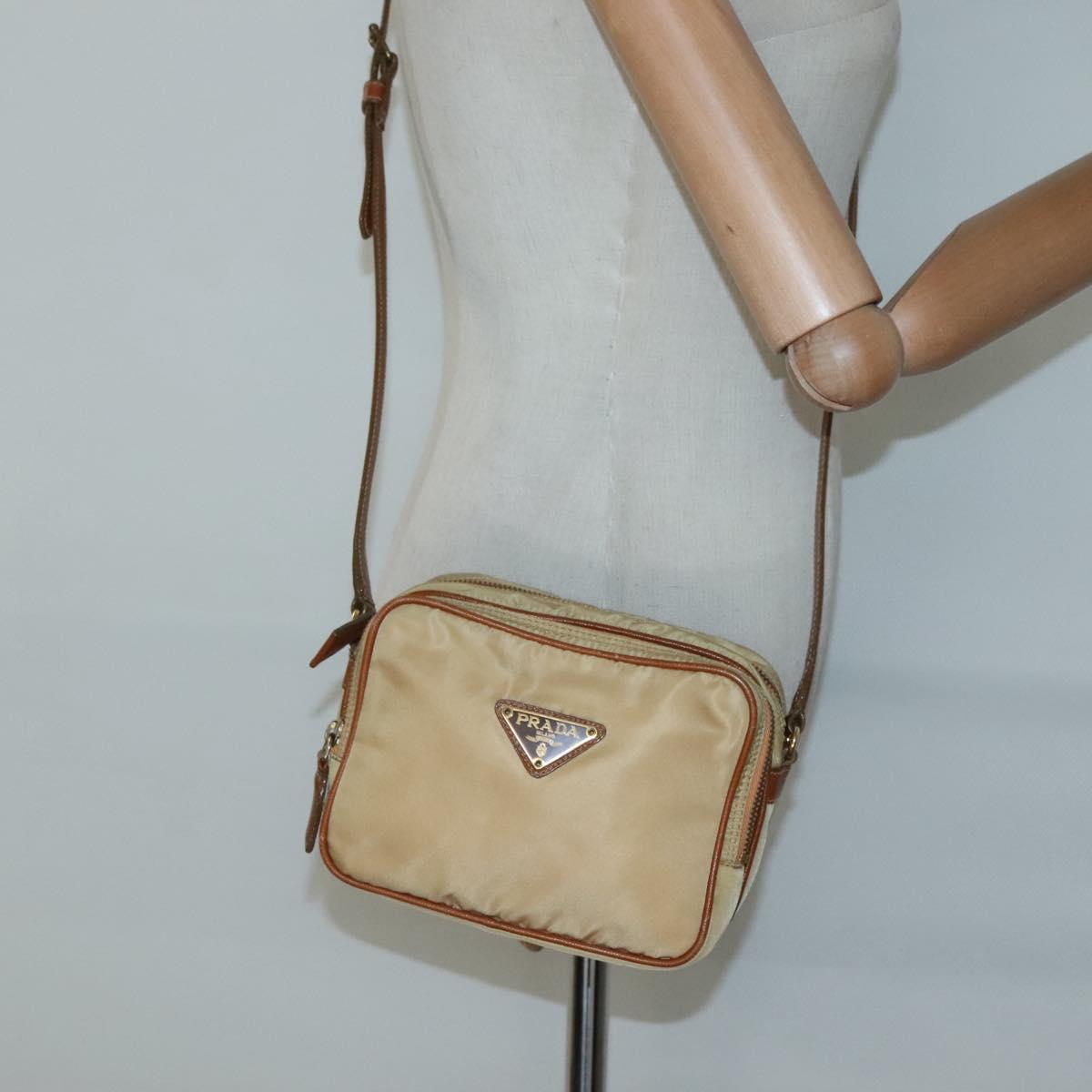 PRADA Shoulder Bag Nylon Beige Gold Auth bs27865