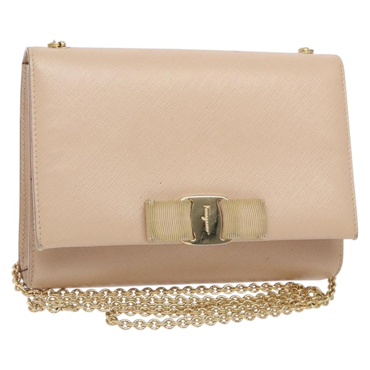 Salvatore Ferragamo Chain Vala Shoulder Bag Leather Beige Gold Auth bs27881