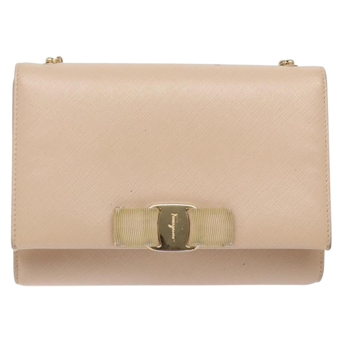 Salvatore Ferragamo Chain Vala Shoulder Bag Leather Beige Gold Auth bs27881