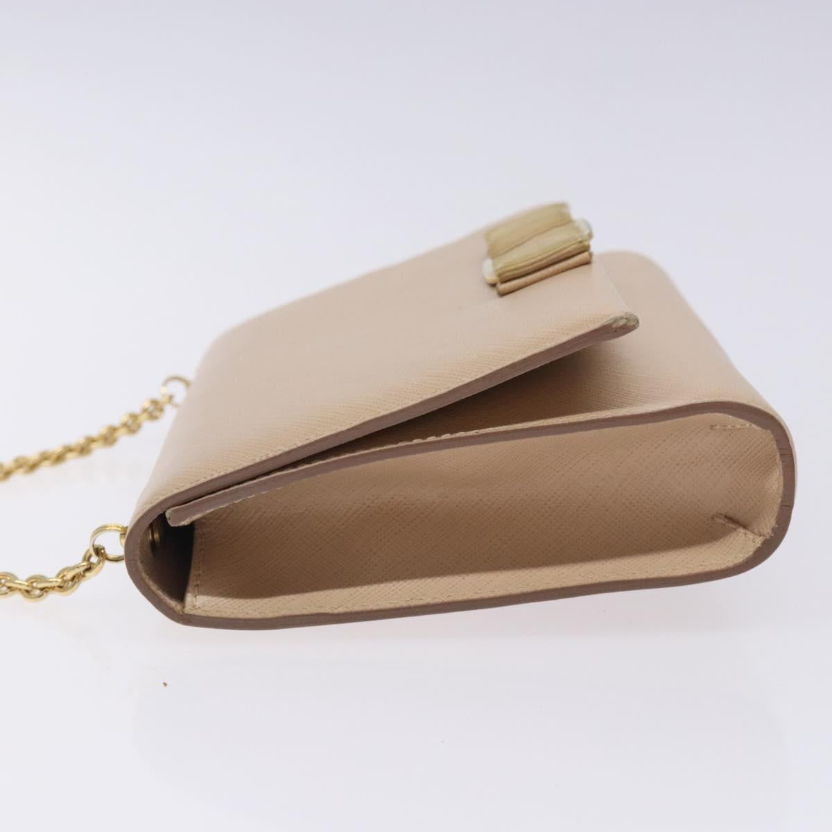 Salvatore Ferragamo Chain Vala Shoulder Bag Leather Beige Gold Auth bs27881